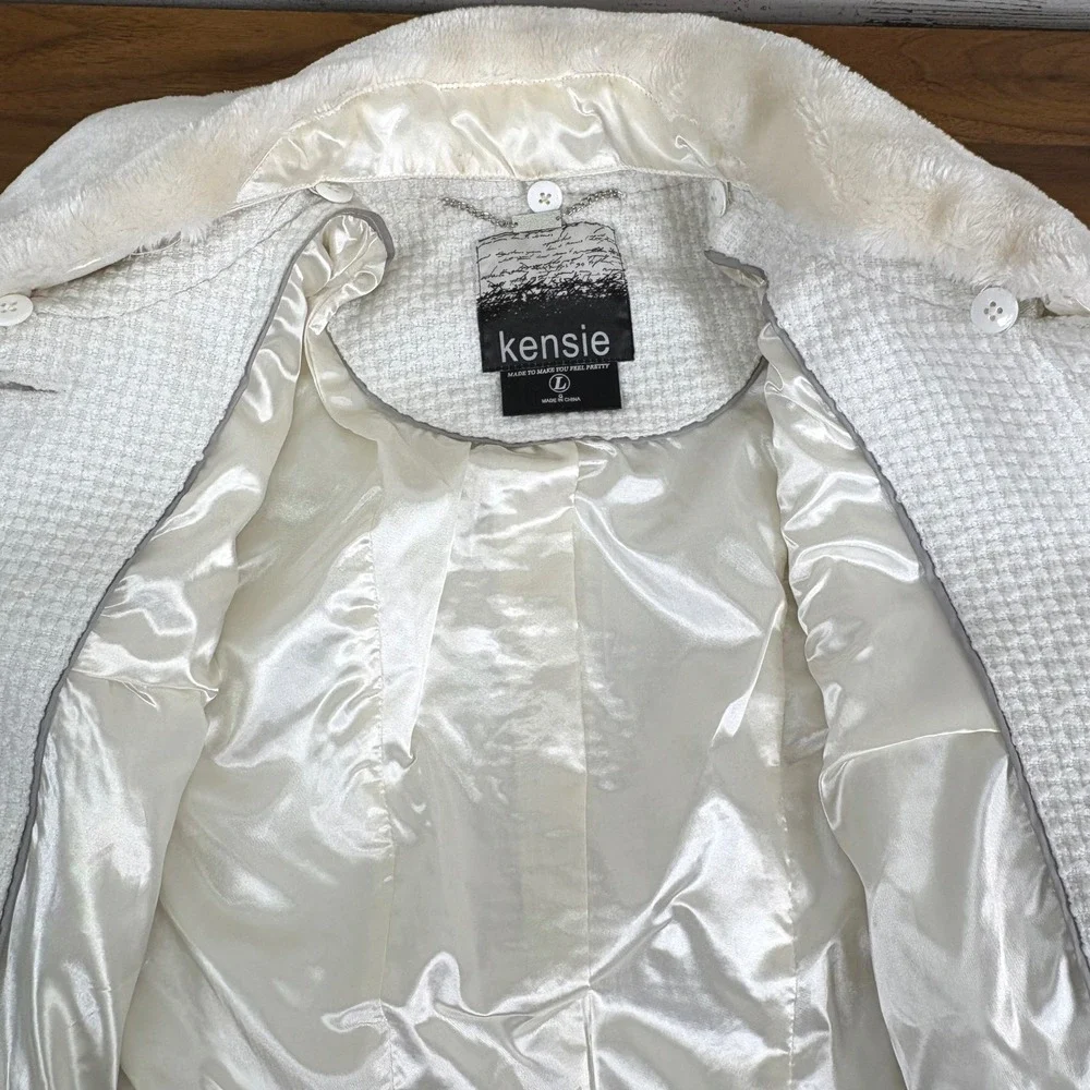 Kensie Womens Pea Coat Faux Fur Removable Collar White Peplum Waffle Knit Size L